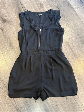 Express Black Sleeveless Ruffle V-Neck Romper with Zip Detail & Pockets